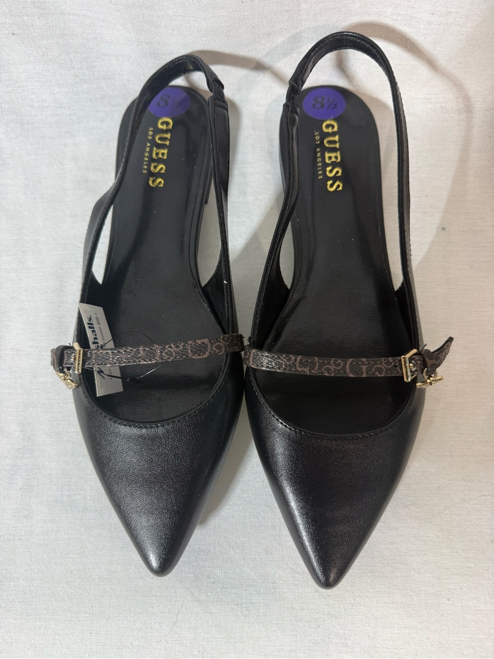 GUESS Black Pointed Toe Slingback Flats with Logo Strap Accent Size 8.5